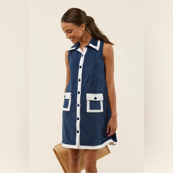 Atlantic-Pacific x Lake Pajamas Darcy Terry Cloth Button Front Shift Dress Navy - Picture 2 of 11
